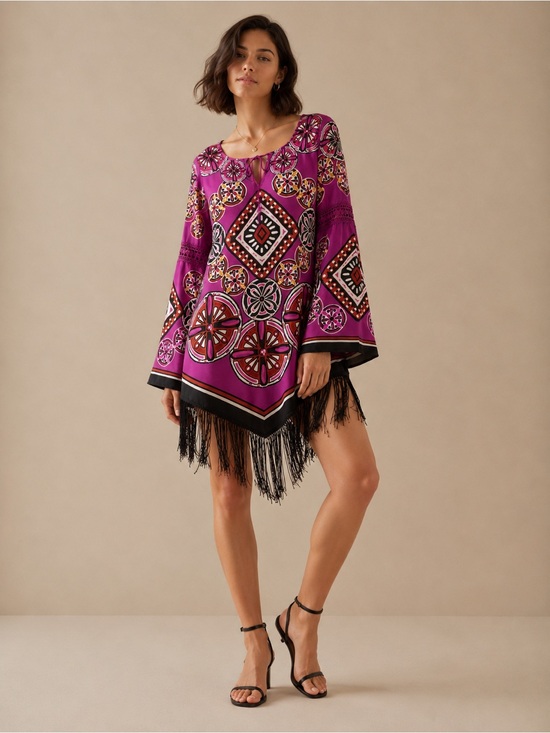 Anthropologie Dresses & Skirts - Anthropologie Chelsea & Violet Purple and Multicolor Tunic Dress w/ Fringe Sz M